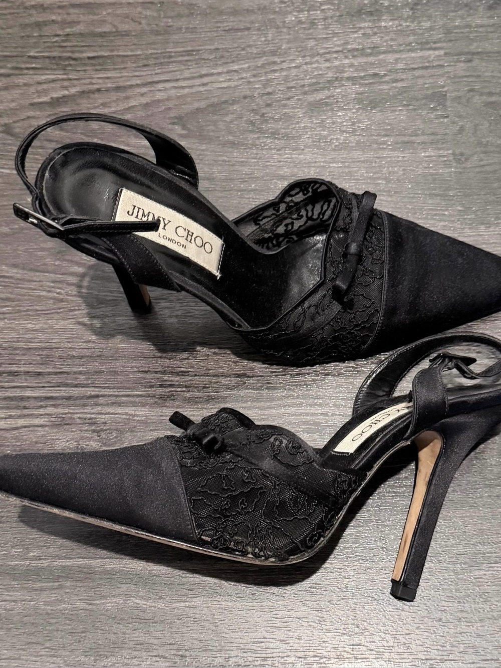 Jimmy Choo Black Lace Satin Slingback Heels